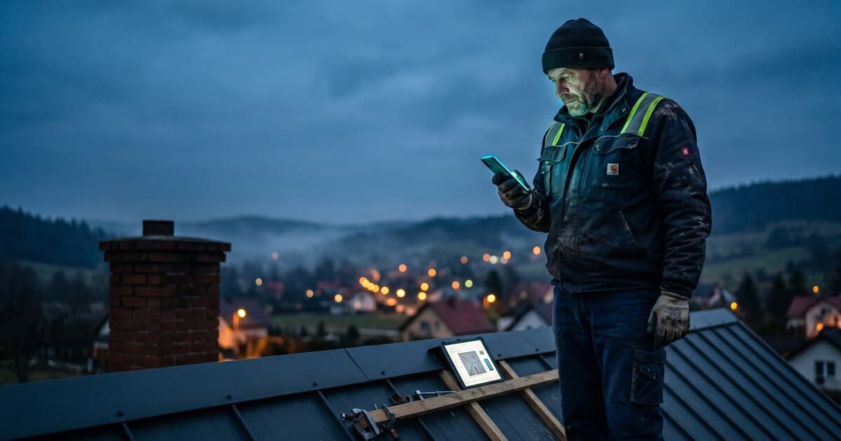 Polski dekarz w roboczej kurtce z trim hi-vis na dachu z blachy na rąbek stojący — blue hour, smartphone z podświetloną wyceną, tablet oparty o krokiew, mgliste światła podkarpackiego miasteczka w tle.