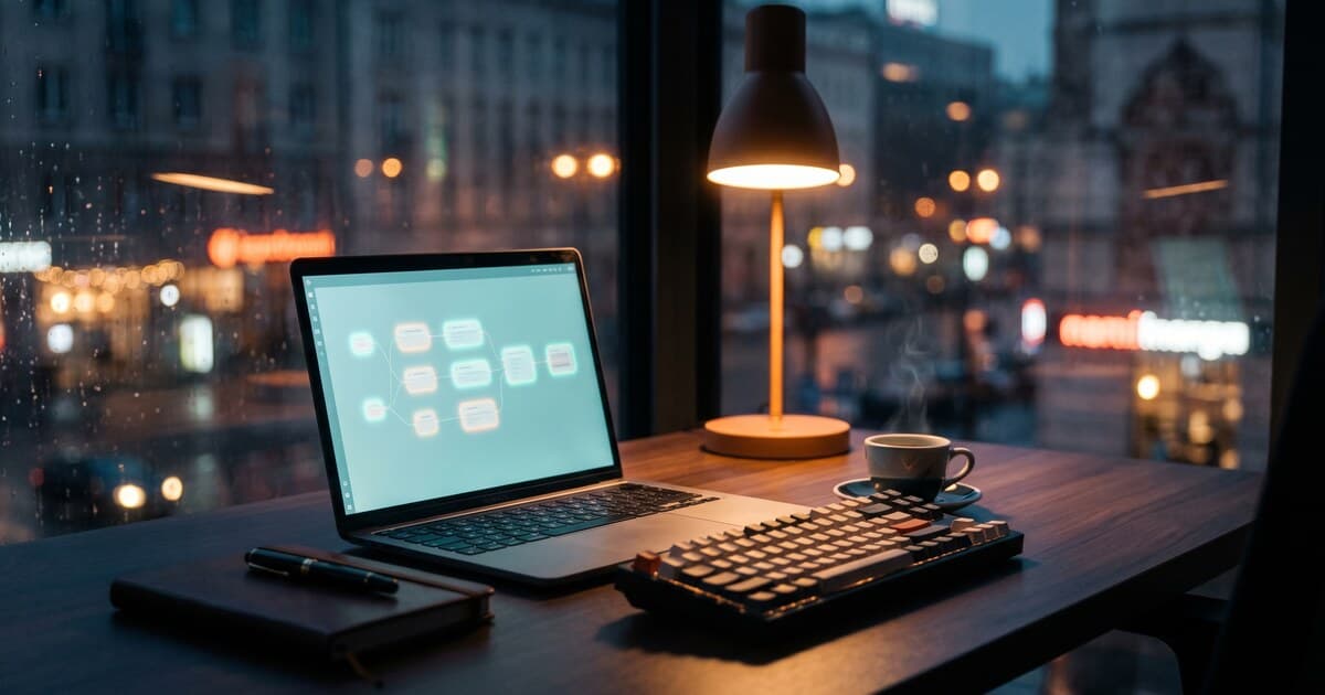 Nocne biuro agencji — walnut desk, porcelanowa espresso, mechaniczna klawiatura, laptop z wizualnym flow automatyzacji i cyan glow, ciepła lampa i neon miasta w bokeh za oknem.