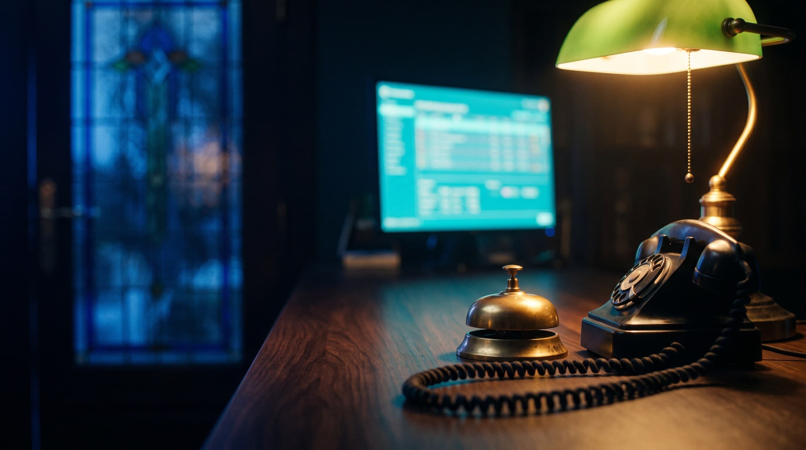 Recepcja butikowego hotelu o godzinie 23:00 — mosiężny dzwonek i czarny telefon stacjonarny na ciemnym drewnie, ekran systemu rezerwacji świeci cyan, ciepła lampa biurkowa, w bokeh witraż drzwi i blue hour za oknem. Voicebot obsługuje rezerwacje w 4 językach 24/7.